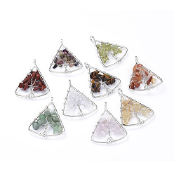 Mixed Stone Long-Lasting Plated Brass Pendants, Wire Wrapped Pendants, with Natural Mixed Gemstone Chips, Triangle with Tree, Platinum, 39~40x30~31x4~8mm, Hole: 4.5mm