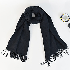 Black Women's Long Plaid Polyester Imitation Cashmere Tassels Scarf, Winter/Fall Warm Large Soft Tartan Shawls Wraps, Black, 2000x650mm