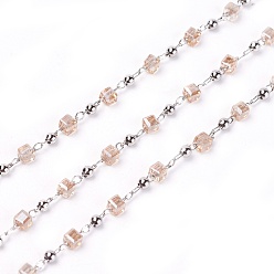 Blanc Navajo Main chaînes de perles de verre, soudé, avec les accessoires en laiton, avec bobine, plaqué longue durée, Platine plaqué, cube, navajo blanc, 2.3~2.8x2.3~2.8x2.3~2.8mm, 2mm, environ 32.8 pieds (10 m)/rouleau