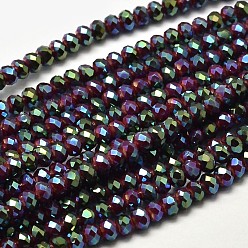 Red Faceted Rondelle Half Rainbow Plated Electroplate Glass Beads Strands, Red, 3.5x2mm, Hole: 0.5mm, about 148pcs/strand, 14.9 inch