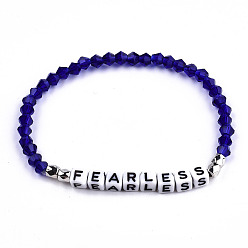 Bleu Foncé Bracelets extensibles en perles de verre bicône à facettes, bracelets inspirants, avec des perles de lettres acryliques cubes, mot intrépide, bleu foncé, diamètre intérieur: 2-1/8 pouce (5.3 cm)