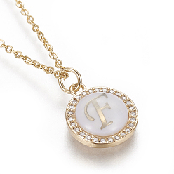 Letter F Brass Initial Pendant Necklaces, with Shell, Cubic Zirconia and 304 Stainless Steel Cable Chains, Flat Round with Letter, Letter.F, 17.5 inch(44.5cm), 1.5mm