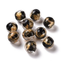 Black Handmade Gold Foil Lampwork Glass Beads, Round, Black, 8mm, Hole: 1.4mm