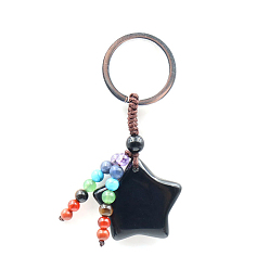 Agate Noire Porte-clés pendentif étoile en agate noire naturelle et pierres précieuses mélangées, porte-clés en alliage chakra yoga pour hommes femmes, 70mm