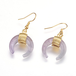 Amethyst Natural Amethyst Dangle Earrings, with Brass Findings, Double Horn Shaped/Crescent Moon, Golden, 41mm, Pin: 0.5mm, Pendant: 23x20x9mm