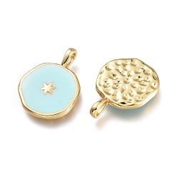 Aigue-marine Laiton émail pendentifs, plat rond avec motif étoiles, or, aigue-marine, 18.5x13x2mm, Trou: 3.5x2mm