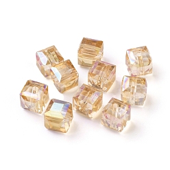 Verge D'or Perles en verre electroplate, arc-en-ciel plaqué, facette, cube, verge d'or, 7x7x7mm, Trou: 1mm
