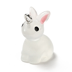Blanco Colgantes luminosos de resina translúcida, encanto de conejo, con aros de hierro en tono platino, blanco, 24x14.5x19.5 mm, agujero: 2.5 mm