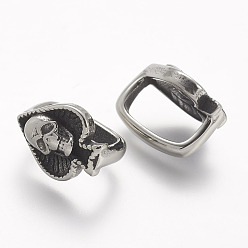 Antique Silver 304 Stainless Steel Slide Charms, Skull, Antique Silver, 16x11.5x12mm, Hole: 7x12mm