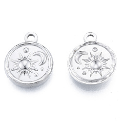 Stainless Steel Color 201 Stainless Steel Pendants, Flat Round with Sun & Moon, Stainless Steel Color, 19x15.5x2.5mm, Hole: 2mm