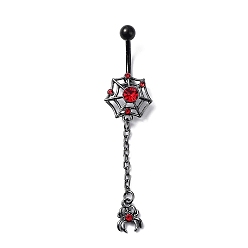 Spider Hyacinth Rhinestone Charm Dangle Belly Rings, Alloy Belly Ring with 304 Stainless Steel with Pins for Women, Spider, 64.5x15mm