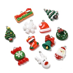 Mixed Color Opaque Resin Pendants, Christmas Charms with Platinum Plated Iron Loops, Santa Claus & Christmas Tree & Wreath, Mixed Shapes, Mixed Color, 15~28x14~30x5.5~8mm, Hole: 1.8~2mm, about 11pcs/bag