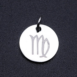 Virgo 201 Stainless Steel Charms, Twelve Constellations, with Jump Rings, Flat Round, Virgo, 12x1mm, Hole: 3.5mm