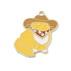 Amarillo Colgantes de la aleación del esmalte, dorado, colgante de gato con sombrero, amarillo, 32x24x2 mm, agujero: 1.8 mm