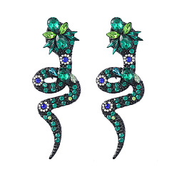 Blue Shade Sparkling Rhinestone Snake Dangle Stud Earrings, Gunmetal Alloy Long Drop Earrings for Women, Blue Shade, 81x29mm