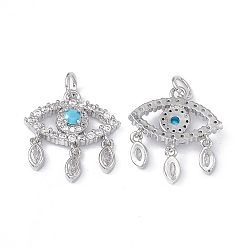 Platinum Brass Clear & Cyan Cubic Zirconia Pendants, with Jump Ring, Eye Charms, Platinum, 19x17x3.5mm, Hole: 3mm