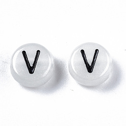 Letter V Acrylic Beads, with Enamel and Luminous, Horizontal Hole, Flat Round with Black Letter, Glow in the Dark, Light Grey, Letter.V, 7x3.5mm, Hole: 1.5mm, about 3600~3700pcs/500g