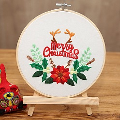 Flower DIY Christmas Theme Embroidery Kits, Including Printed Cotton Fabric, Embroidery Thread & Needles, Plastic Embroidery Hoop, Flower, 275x275mm