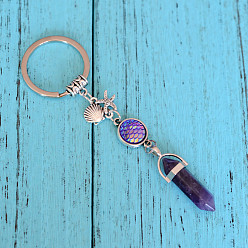 Amethyst Natural Amethyst Bullet Pendant Keychains, with Alloy Starfish & Shell Shape, 3.5cm