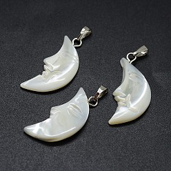 Platinum Shell Pendants, with Brass Findings, Moon, Platinum, 22~28x10~13x3~5mm, Hole: 2x5mm