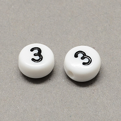 Number Acrílico blanco y negro, plano y redondo con num. 3, 7x4 mm, Agujero: 1.3 mm, sobre 3600 unidades / 500 g