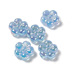 Bleu Ciel Placage uv perles de fleurs acryliques irisées arc-en-ciel, 5 pétale de fleur de prunier, bleu ciel, 22x23x10mm, Trou: 3.5mm