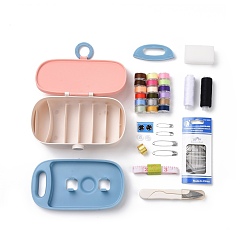 Pink Ящик для швейных инструментов, включая пластиковую коробку, пластиковый поднос, губка, полиэфирная нить, Пластиковые кнопки, наперсток кольцо, английская булавка, рулетка, резать ножницами, швейные иглы, устройства для надевания нитиb, розовые, 154x95x57 мм