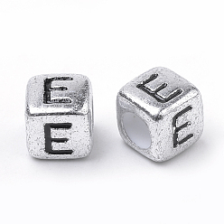 Letter E Plated Acrylic Beads, Horizontal Hole, Cube with Letter, Antique Silver, Letter.E, 6mm, Hole: 3mm, about 3000pcs/500g