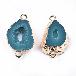Teal Electroplate Druzy Resin Links connectors, with Iron Findings, Nuggets, Light Gold, Teal, 26x15~16x6~7mm, Hole: 1mm