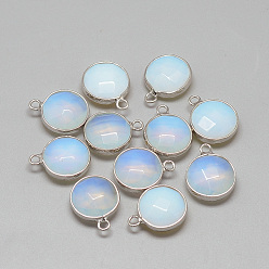 Light Steel Blue Opalite Pendants, with Brass Findings, Faceted, Flat Round, Platinum, Light Steel Blue, 19~21x15~16x6~7mm, Hole: 2mm