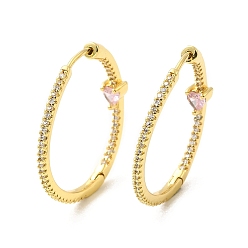 Perlas de Color Rosa Aretes de aro con corazón de circonitas cúbicas, joyas de latón chapado en oro real 18k para mujer, rosa perla, 30x1.5~4.5 mm, pin: 1 mm