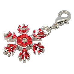 Red Zinc Alloy Enamel Pendants, Cadmium Free & Lead Free, Christmas Snowflake, with Brass Lobster Claw Clasps, Platinum Color, Red, 37mm, Hole: 3mm