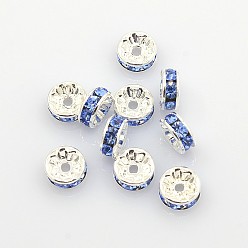 Light Blue Brass Rhinestone Spacer Beads, Grade A, Silver Color Plated, Rondelle, Light Blue, Size: about 8mm in diameter, 3.5mm thick, hole: 2mm