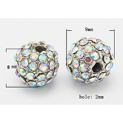 Coloré Perles en alliage, avec strass de moyen-orient, couleur ab , ronde, argenterie, colorées, taille: environ 9mm de diamètre, épaisseur de 8mm, Trou: 2mm