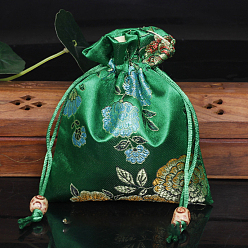 Green Chinese Style Flower Pattern Satin Jewelry Packing Pouches, Drawstring Gift Bags, Rectangle, Green, 14x11cm