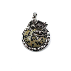 Dalmatian Jasper Natural Dalmatian Jasper Pendants, Flat Round Charms with Skeleton, with Antique Silver Plated Metal Findings, 40x35mm