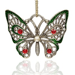 Green Antique Silver Plated Alloy Enamel Butterfly Pendants, with Light Siam Rhinestone and Acrylic Pearl Cabochons, Green, 57x47x7mm, Hole: 10x12mm