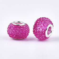 DeepPink Rhinestone de résine de perles européennes, Perles avec un grand trou   , en laiton de tonalité de platine noyaux doubles, rondelle, perles baies, magenta, 14x10mm, Trou: 5mm