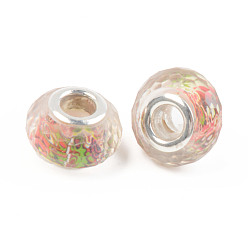 Colorful Resin European Beads, Large Hole Beads, with Silver Color Plated Brass Cores, Faceted, Rondelle, Colorful, 14x9mm, Hole: 5mm