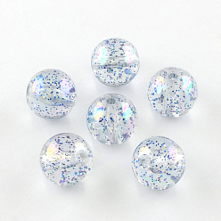 Bleu Couleur ab ronde perles en acrylique transparent, avec de la poudre colorée de paillettes, bleu, 10mm, Trou: 2mm, environ857 pcs / 500 g