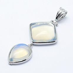 Opalite Gros pendentifs opalite, avec les accessoires en laiton, teint, platine, larme et losange, 53x25x7mm, Trou: 6x9.5mm