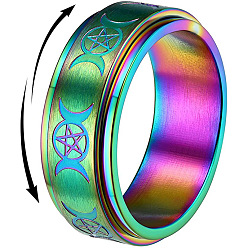 Rainbow Color Вращающееся кольцо на палец из нержавеющей стали с тройной богиней луны, Кольцо-спиннер для успокоения беспокойства, медитации, Радуга цветов, размер США 9 (18.9 мм)