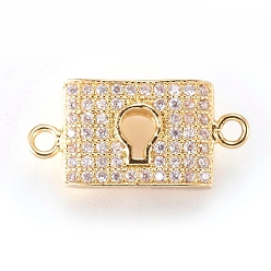 Real 18K Gold Plated Brass Micro Pave Cubic Zirconia Links, Clear, Real 18K Gold Plated, Lock, 8.5x17x4mm, Hole: 1mm