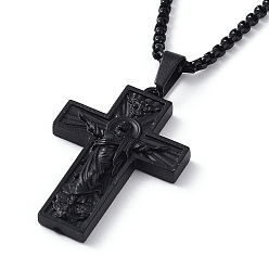 Black Alloy Pendant Necklace with Box Chains, Cross with Jesus Pattern, Black, 23.74 inch(60.3cm)