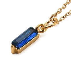Blue Rectangle Cubic Zirconia Pendant Necklaces, Ion Plating(IP) 304 Stainless Steel Cable Chain Necklace for Women, Golden, Blue, 17.52 inch(44.5cm)