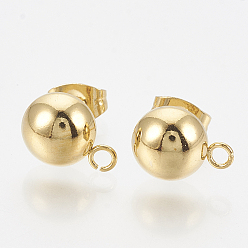 Golden 201 Stainless Steel Stud Earring Findings, with Loop and 304 Stainless Steel Pins, Dome/Half Round, Golden, 9x6mm, Hole: 1.5mm, Pin: 0.8mm