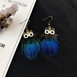 Royal Blue Alloy Owl with Feather Dangle Earrings, Long Drop Earrings for Women, Royal Blue, 50x50mm