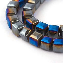 Blue Plated Electroplated Non-magnetic Synthetic Hematite Beads Strands, Faceted, Half Plated, Square, Blue Plated, 6x6x6mm, Hole: 0.8mm, about 71pcs/strand, 16.14 inch(41cm)