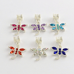Mixed Color Alloy Rhinestone Dragonfly European Dangle Charms, Silver Color Plated, Mixed Color, 28mm, Hole: 4.5mm