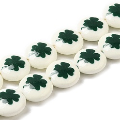Clover Printed Synthetic White Jade Beads Strands, Flat Round, Clover, 12x5mm, Hole: 1.5mm, about 32pcs/strand, 14.57''(37cm)